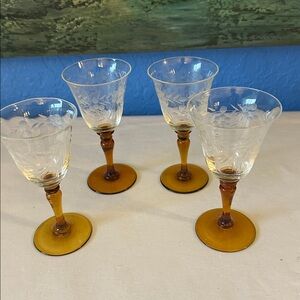 Antique Dorflinger 4 Etched Clear Glass Amber Stemware Cordial Glassware 2oz